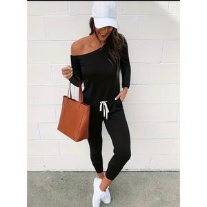 SALE HP⭐️OFF SHOULDER BLACK ONESIE WITH WHITE CORD TIE